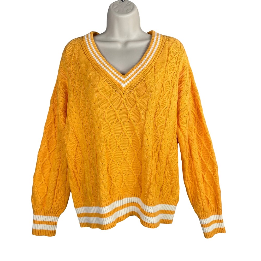 Lands End Drifter Cable Knit Sweater Womens Medium Varsity‎ Preppy Old Money